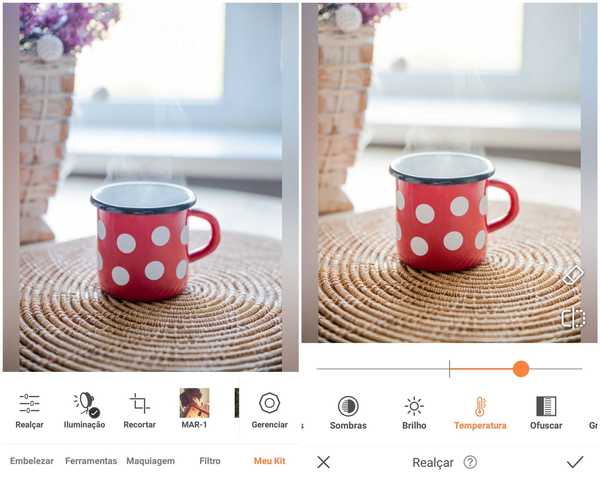 Foto de uma caneca vermelha com bolinhas brancas sendo editada no app AirBrush