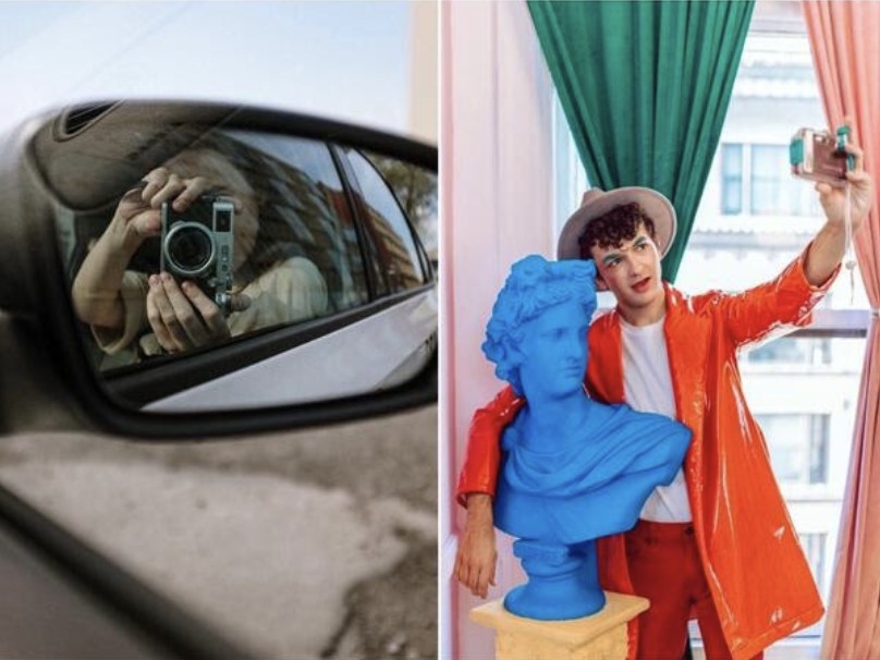 selfies originales en el espejo retrovisor y en un museo