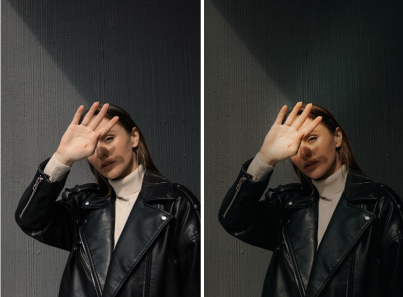 edición de foto de mujer durante la Golden Hour, con sombras y luz en el rostro
