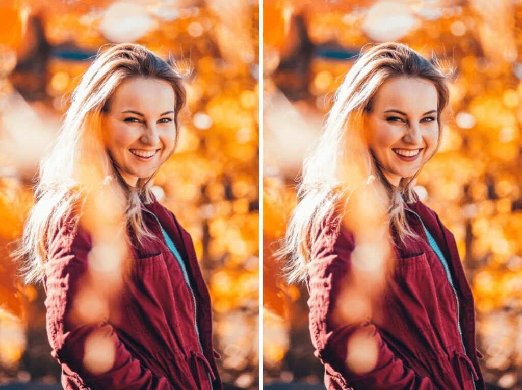 smiling woman wearing red jacket in fall