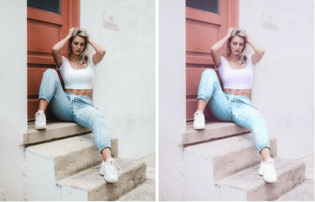 woman sitting on a front stoop wearing jeans and a crop top