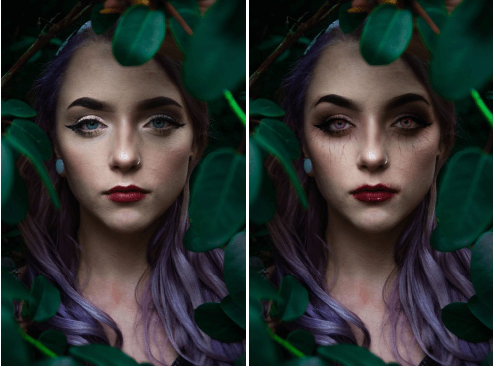 woman standing between leaves wearing Vampire Halloween makeup