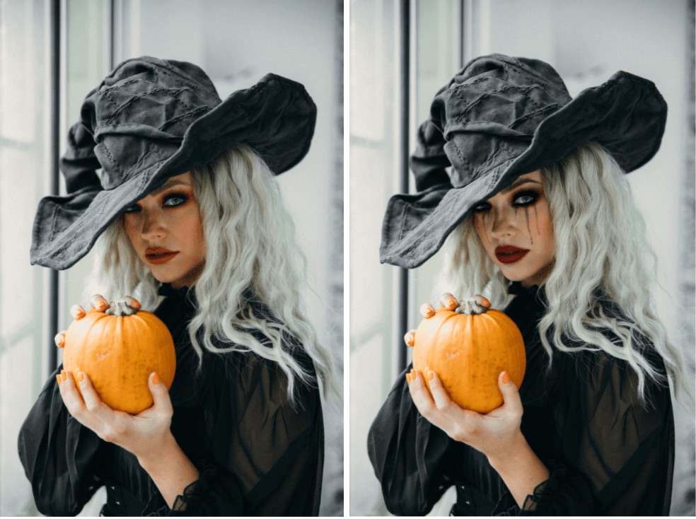 woman in witch costume holding a pumpkin and wearing Gothic Halloween Makeup
