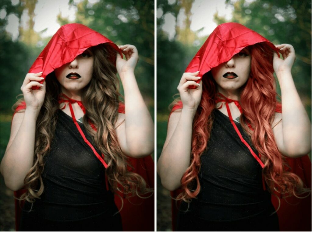 Halloween selfie tip: woman dressed as red riding hood with red hair