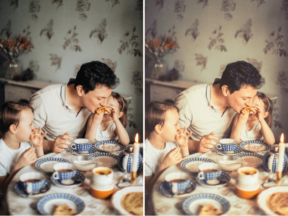 man eating food with children