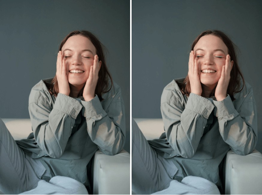 girl in green jumpsuit holding her face