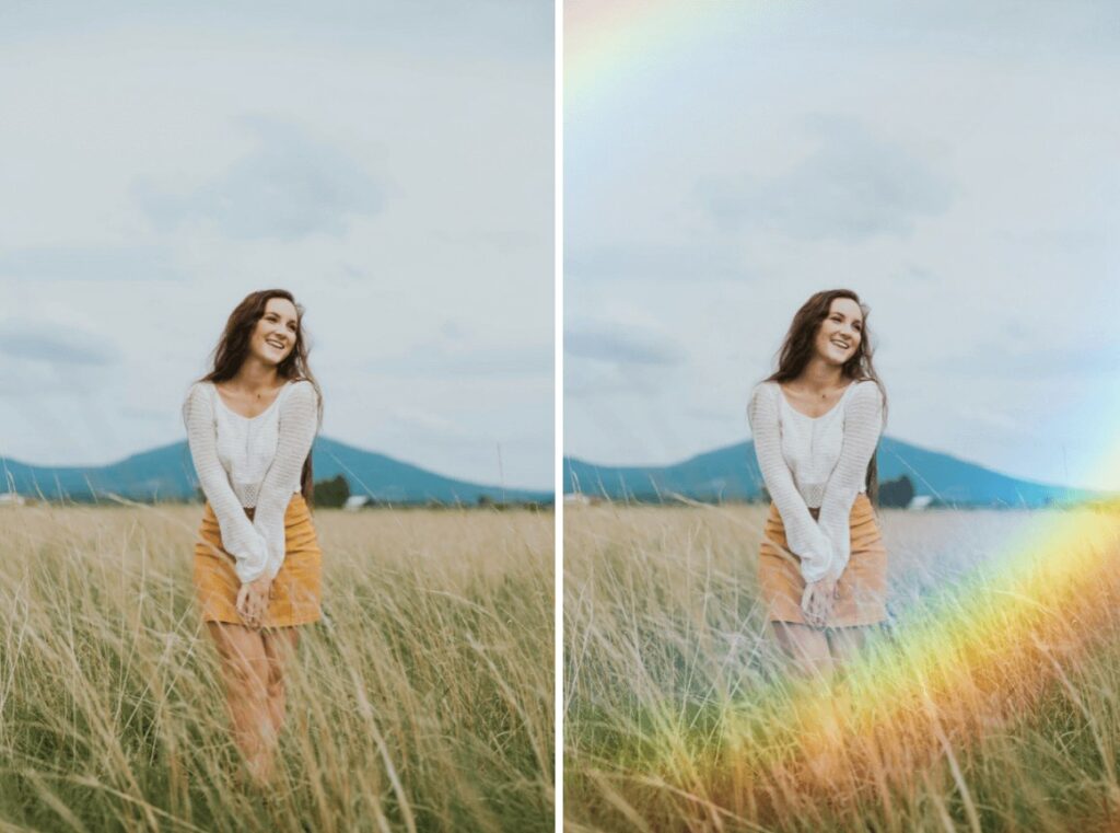 smiling woman standing in the middle of a field of tall grass