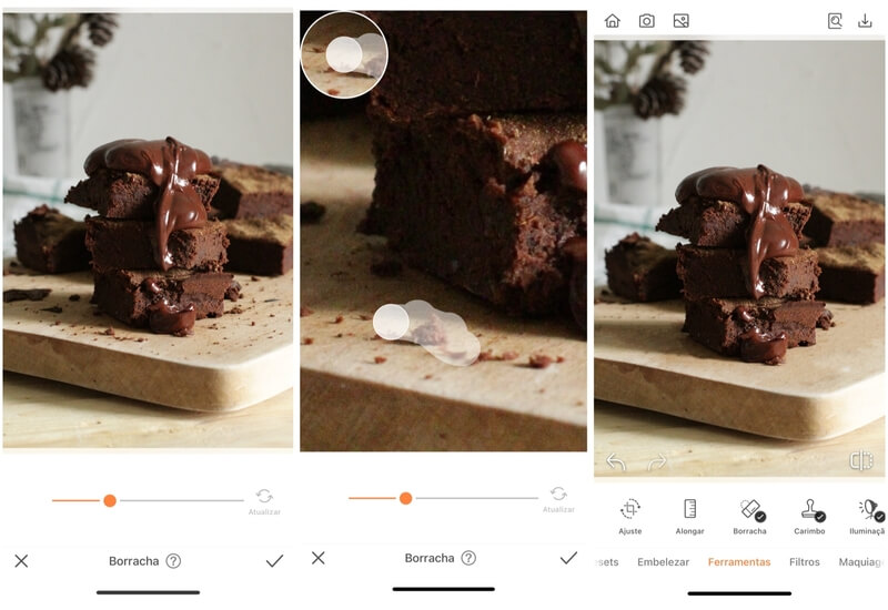 Foto de brownie de chocolate, com calda de chocolate por cima, sendo editada com o app do AirBrush
