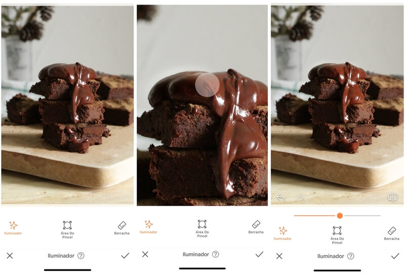 Foto de brownie de chocolate, com calda de chocolate por cima, sendo editada com o app do AirBrush