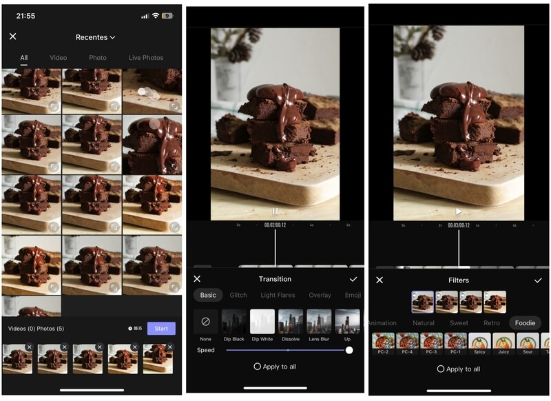Foto de brownie de chocolate, com calda de chocolate por cima, sendo editada com o app do AirBrush Video