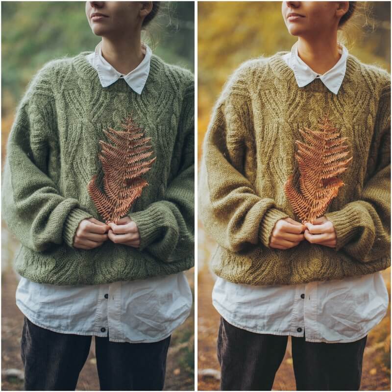 Antes e depois de uma foto de uma mulher usando um suéter e segurando uma folha seca depois de uma edição do AirBrush