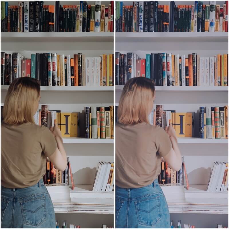 Antes e depois de uma foto de uma mulher organizando uma estante de livros depois de uma edição do AirBrush