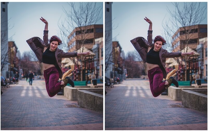 Antes e depois de uma edição com o AirBrush de uma mulher pulando no meio de uma rua