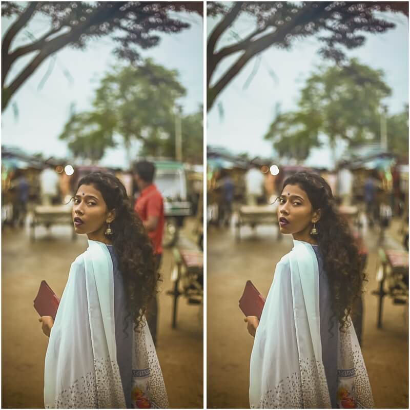 Antes e depois de uma edição com o AirBrush de uma mulher indiana olhando para a câmera