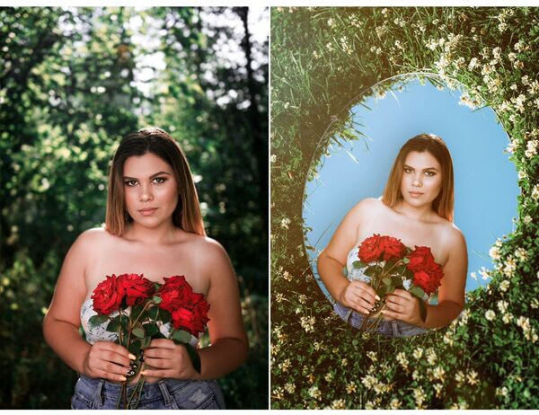 Antes e depois da foto de uma mulher com rosas em frente ao busto sendo feita pelo app do AirBrush