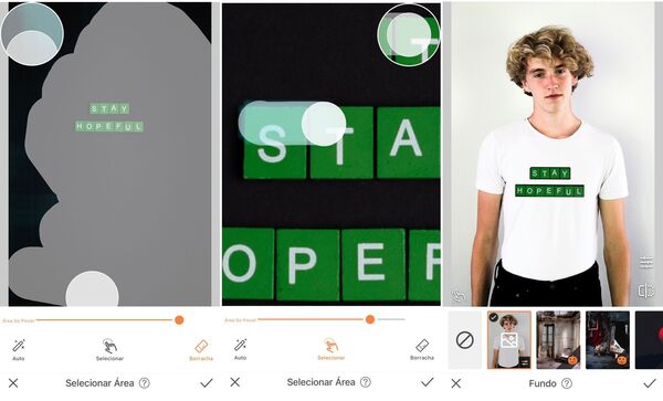 Edição da foto de um homem com camiseta branca sendo feita pelo app do AirBrush