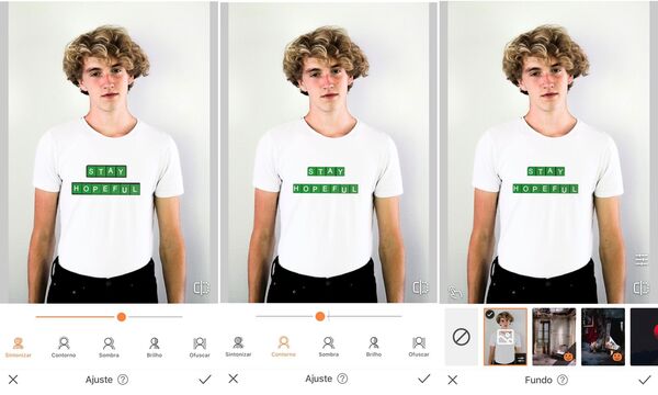 Edição da foto de um homem com camiseta branca sendo feita pelo app do AirBrush