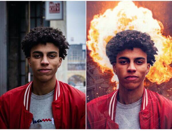 Antes e depois da foto de um homem negro com o app do AirBrush